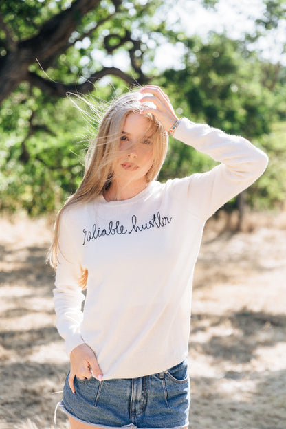 Cashmere Ivory Sweater / Navy Chain Stitch