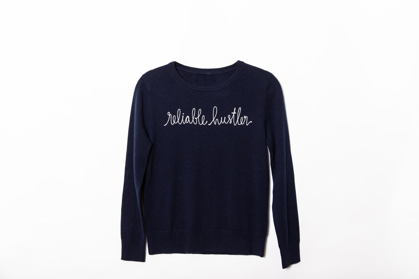 Cashmere Navy Sweater / Ivory Chain Stitch