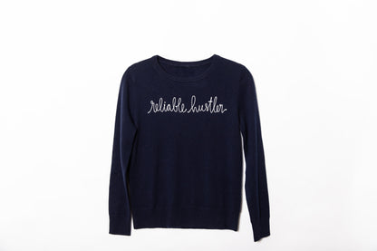 Cashmere Navy Sweater / Ivory Chain Stitch