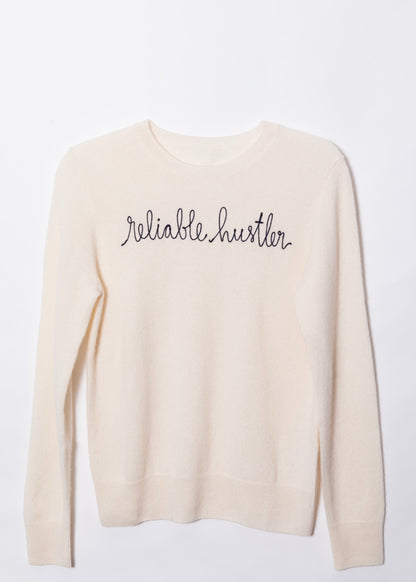 Cashmere Ivory Sweater / Navy Chain Stitch