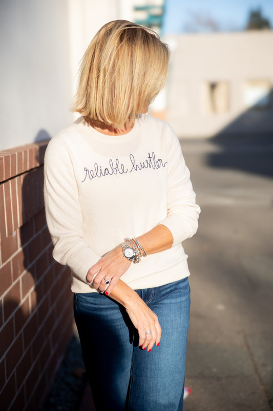 Cashmere Ivory Sweater / Navy Chain Stitch