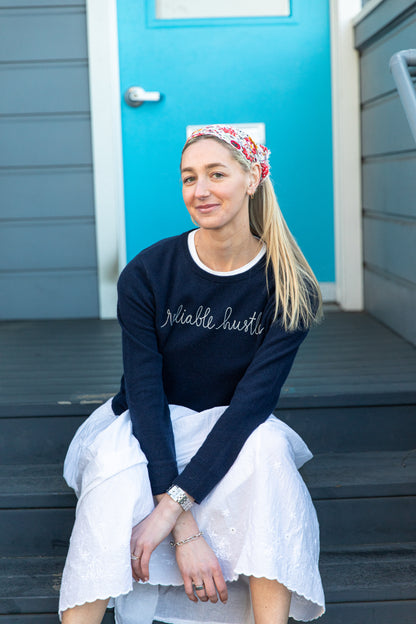 Cashmere Navy Sweater / Ivory Chain Stitch